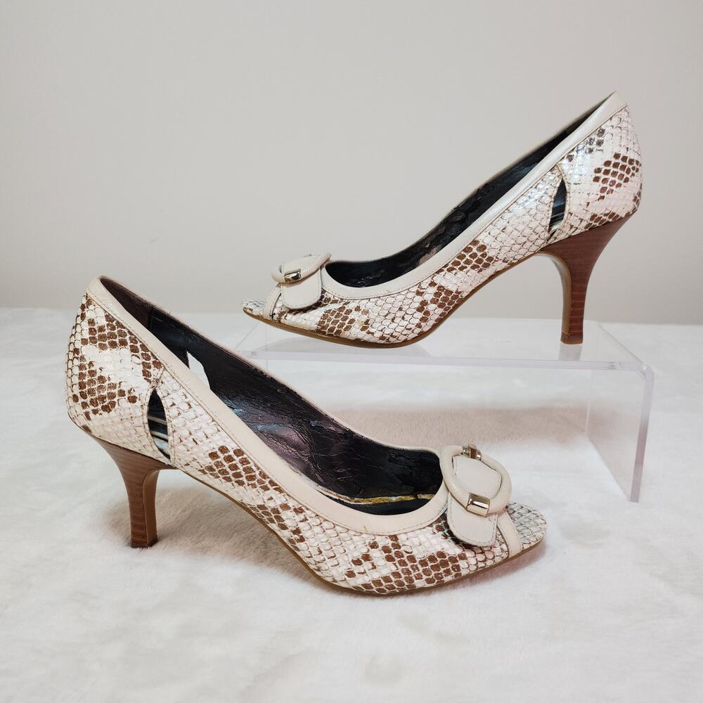 Mob Wife Snakeskin Peep Toe Heels 7.5 Serpent Indie Sleaze White Cream Brown